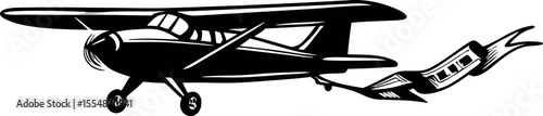 Retro small propeller airplane towing blank banner isolated on white background vintage aviation sketch illustration