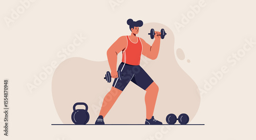 A dynamic flat design illustration showcases an athletic man in sportswear, engaged in a workout routine, suitable for fitness and wellness website banners or marketing materials.