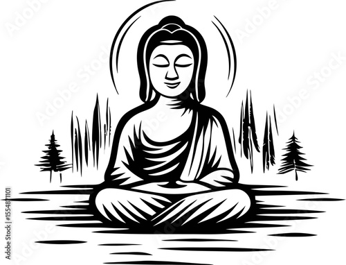 Hand drawn serene buddha sitting in meditation with trees on white background, black line engraving illustration