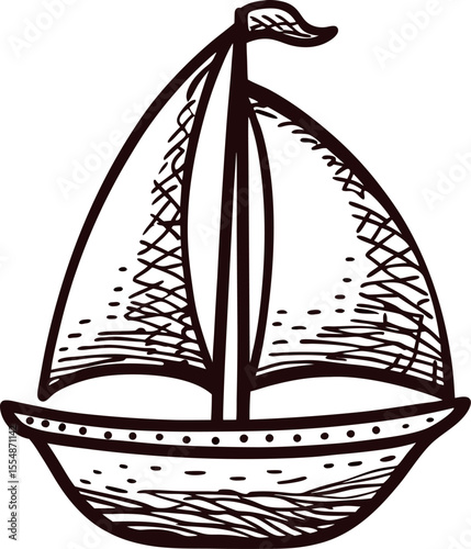Hand drawn sailboat with flag and textured sail isolated on white background nautical vintage engraved illustration