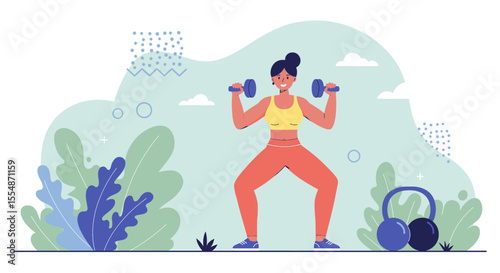 A dynamic flat design illustration showcases an athletic man in sportswear, engaged in a workout routine, suitable for fitness and wellness website banners or marketing materials.