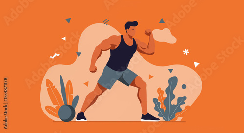 A dynamic flat design illustration showcases an athletic man in sportswear, engaged in a workout routine, suitable for fitness and wellness website banners or marketing materials.