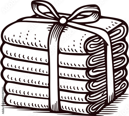 Bundle of folded towels tied with ribbon in vintage woodcut engraving illustration