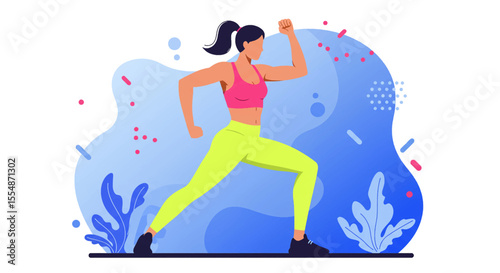 A dynamic flat design illustration showcases an athletic man in sportswear, engaged in a workout routine, suitable for fitness and wellness website banners or marketing materials.