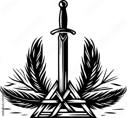 Medieval sword standing upright between crossed wooden sticks and stylized palm leaves black and white illustration