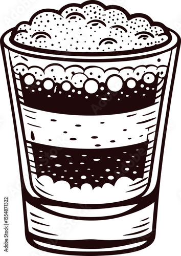 Vintage engraved illustration of a foamy beer glass with detailed bubbles and hand drawn lines
