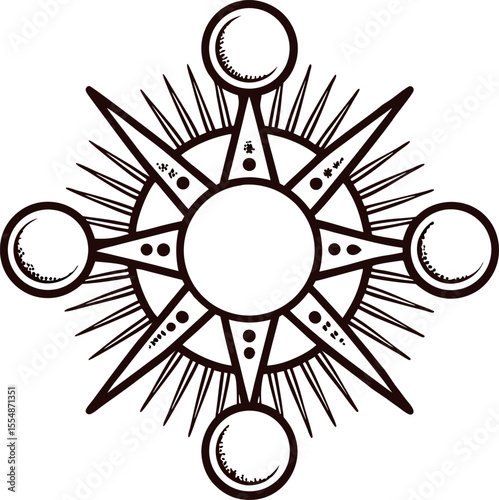 Geometric sun starburst with celestial moons and radiating sharp rays black ink illustration
