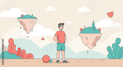A dynamic flat design illustration showcases an athletic man in sportswear, engaged in a workout routine, suitable for fitness and wellness website banners or marketing materials.
