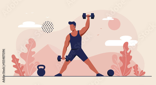 A dynamic flat design illustration showcases an athletic man in sportswear, engaged in a workout routine, suitable for fitness and wellness website banners or marketing materials.