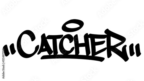 Hand-drawn graffiti tag of "Catcher" in bold black ink. Urban street style lettering with baseball theme and transparent background, perfect for sporty and youth-focused visuals.