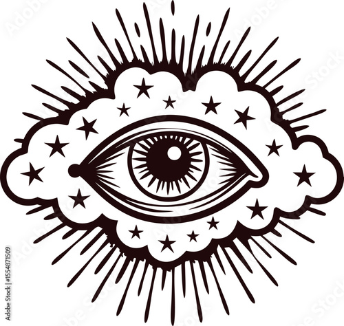 Mystical all seeing eye within cloud and stars surrounded by radiant lines in vintage engraved sketch illustration