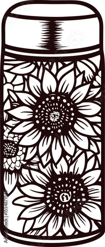 Intricate reusable tumbler decorated with blooming sunflower pattern, elegant floral outline black and white illustration