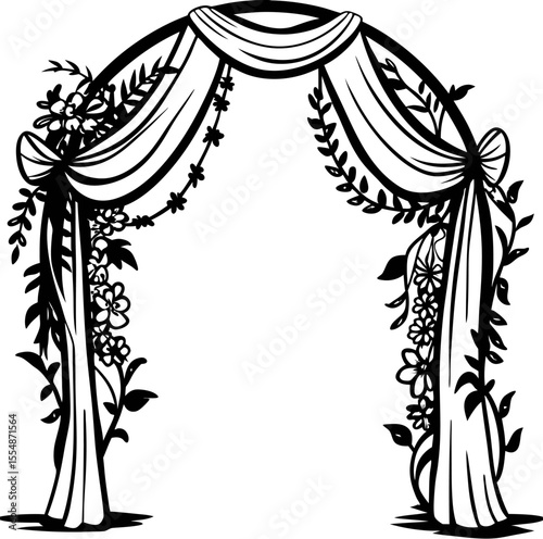 Elegant floral wedding arch with draped fabric and blooming flowers in black and white illustration