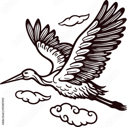 Hand drawn crane bird flying among clouds vintage engraved wildlife illustration with outstretched wings