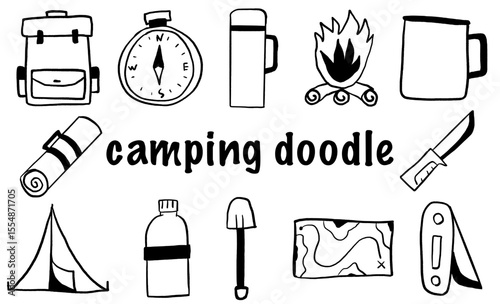 Set of Camping Doodle Icons: Backpack, Compass, Thermos, Campfire, Mug, Sleeping Mat, Knife, Tent, Water Bottle, Shovel, Map, and Multi-tool. Outline Vector Illustrations.