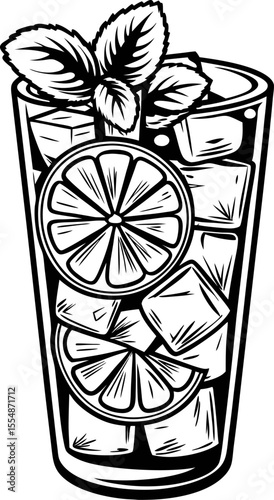 Refreshing cocktail glass with ice cubes, citrus slices, and mint leaves in detailed black and white line illustration