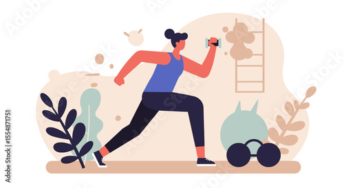 A dynamic flat design illustration showcases an athletic man in sportswear, engaged in a workout routine, suitable for fitness and wellness website banners or marketing materials.