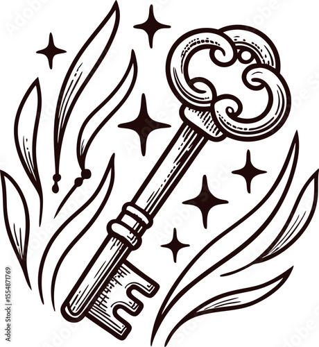 Vintage ornate skeleton key surrounded by botanical leaves and sparkling stars in hand drawn engraved illustration