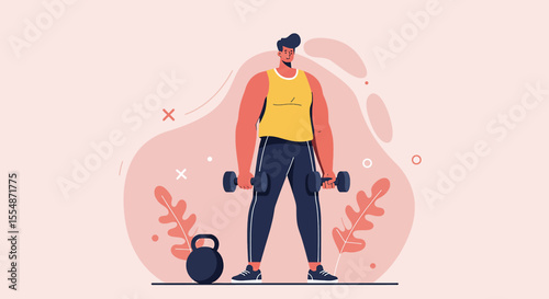 A dynamic flat design illustration showcases an athletic man in sportswear, engaged in a workout routine, suitable for fitness and wellness website banners or marketing materials.