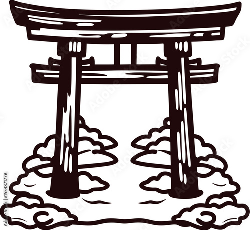 Traditional japanese torii gate with clouds hand drawn in vintage engraved monochrome illustration