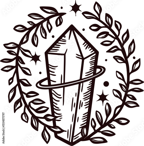 Geometric quartz crystal surrounded by leafy vines and stars in hand drawn sketch art