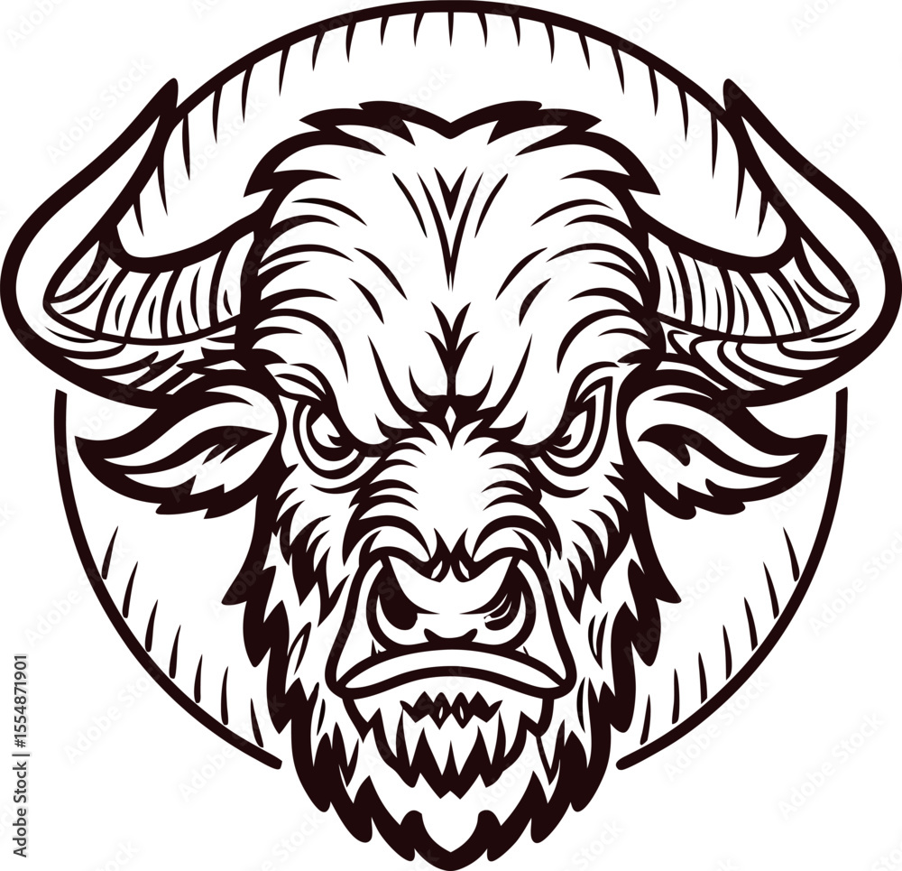 Fototapeta premium Angry bison head illustration with bold lines and stylized fur in circular emblem design