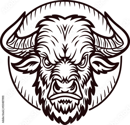 Angry bison head illustration with bold lines and stylized fur in circular emblem design
