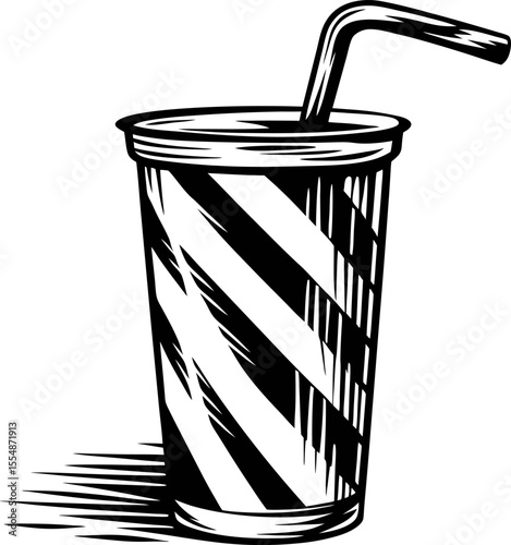 Hand drawn striped takeaway drink cup with straw vintage black and white engraved illustration