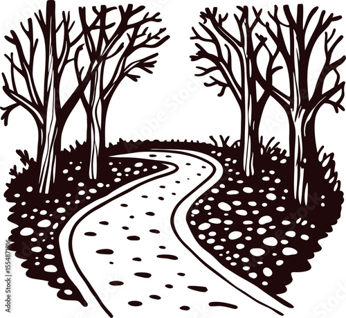 Curving forest path illustration with leafless trees and scattered stones in hand drawn vintage sketch
