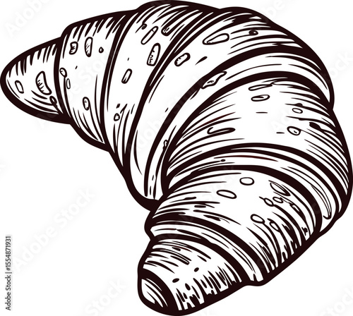 Hand drawn croissant isolated on white vintage engraved sketch illustration with rustic pastry texture details