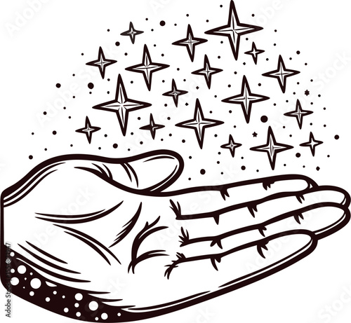 Engraved open hand with sparkling magic stars in vintage monochrome sketch illustration
