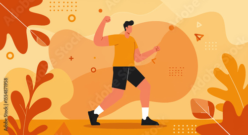A dynamic flat design illustration showcases an athletic man in sportswear, engaged in a workout routine, suitable for fitness and wellness website banners or marketing materials.