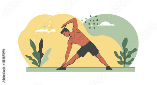A dynamic flat design illustration showcases an athletic man in sportswear, engaged in a workout routine, suitable for fitness and wellness website banners or marketing materials.