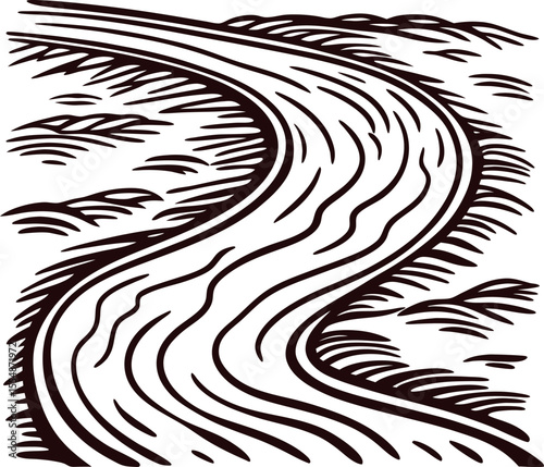 Curved rural dirt road winding through countryside landscape, vintage woodcut black and white illustration
