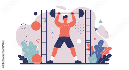 A dynamic flat design illustration showcases an athletic man in sportswear, engaged in a workout routine, suitable for fitness and wellness website banners or marketing materials.