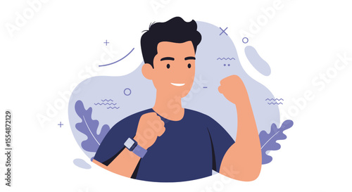 A dynamic flat design illustration showcases an athletic man in sportswear, engaged in a workout routine, suitable for fitness and wellness website banners or marketing materials.