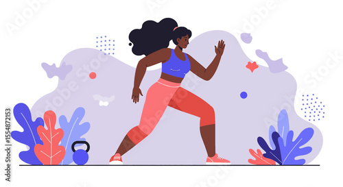A dynamic flat design illustration showcases an athletic man in sportswear, engaged in a workout routine, suitable for fitness and wellness website banners or marketing materials.