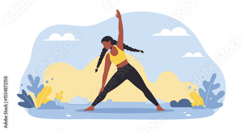 A dynamic flat design illustration showcases an athletic man in sportswear, engaged in a workout routine, suitable for fitness and wellness website banners or marketing materials.