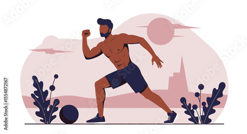 A dynamic flat design illustration showcases an athletic man in sportswear, engaged in a workout routine, suitable for fitness and wellness website banners or marketing materials.