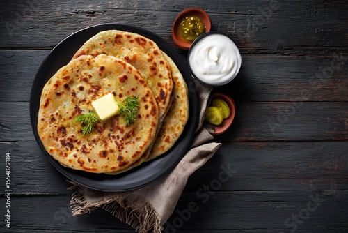 Freshly made aloo paratha butter melting on top served with yogurt and pickle North Indian breakfast top view rustic background