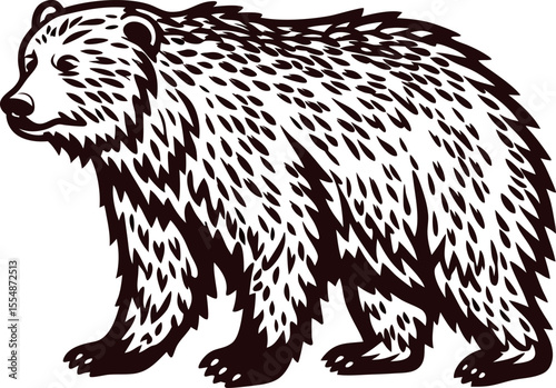 Hand drawn grizzly bear illustration with stylized fur in vintage engraved sketch