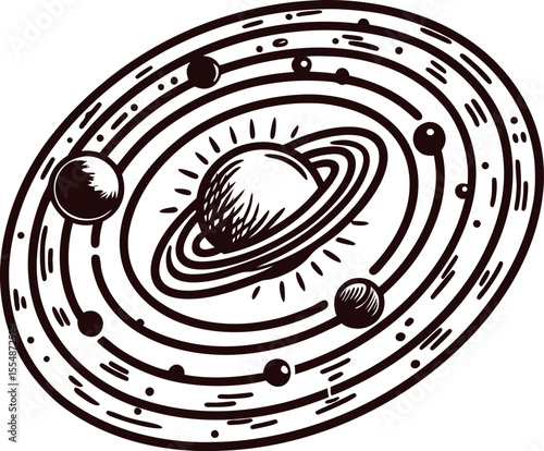 Hand drawn vintage solar system illustration with planets and sun engraved orbit sketch in retro astronomy