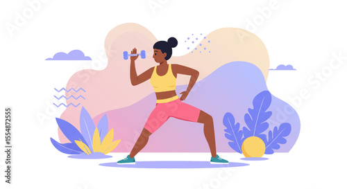 A dynamic flat design illustration showcases an athletic man in sportswear, engaged in a workout routine, suitable for fitness and wellness website banners or marketing materials.