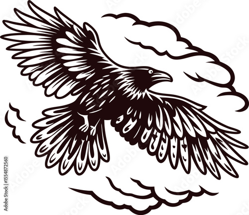 Hand drawn flying raven with spread wings surrounded by clouds in vintage engraved monochrome illustration
