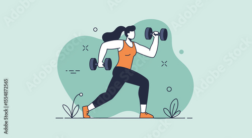 A young woman is doing lunges while holding dumbbells, in a flat design style, perfect for fitness websites, blogs, or marketing materials needing a healthy lifestyle visual.