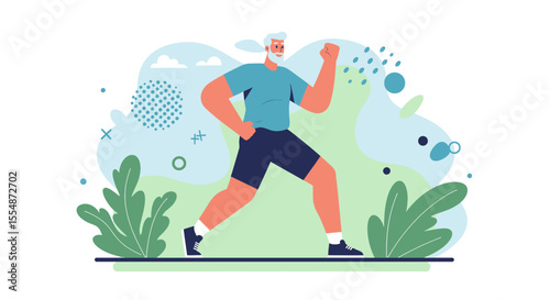 Active senior man jogging outdoors in nature, flat design illustration perfect for landing page banners, web design, presentations, and marketing materials.