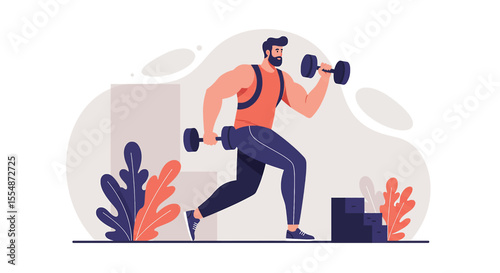 A strong man with a beard is running and lifting dumbbells during his fitness workout, and this illustration is perfect for a landing page banner, marketing materials, or presentation.