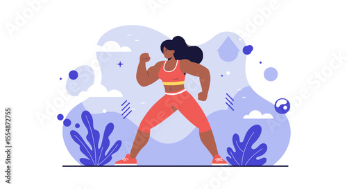 A strong woman flexes her biceps in a vibrant flat design illustration, perfect for fitness websites, marketing campaigns, or presentation slides needing a powerful and energetic image.