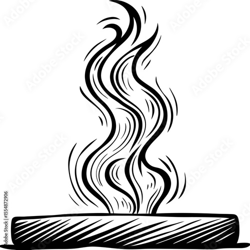 Abstract swirling smoke rising from burning incense stick in decorative black line art illustration