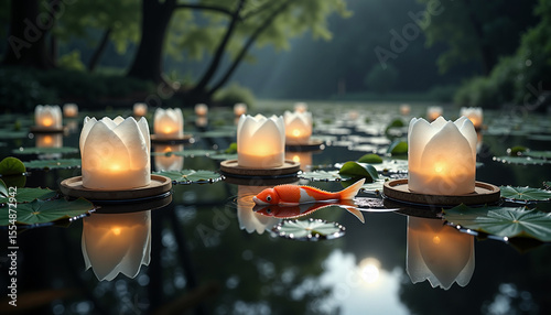 Floating lanterns illuminating a tranquil forest pond at night  